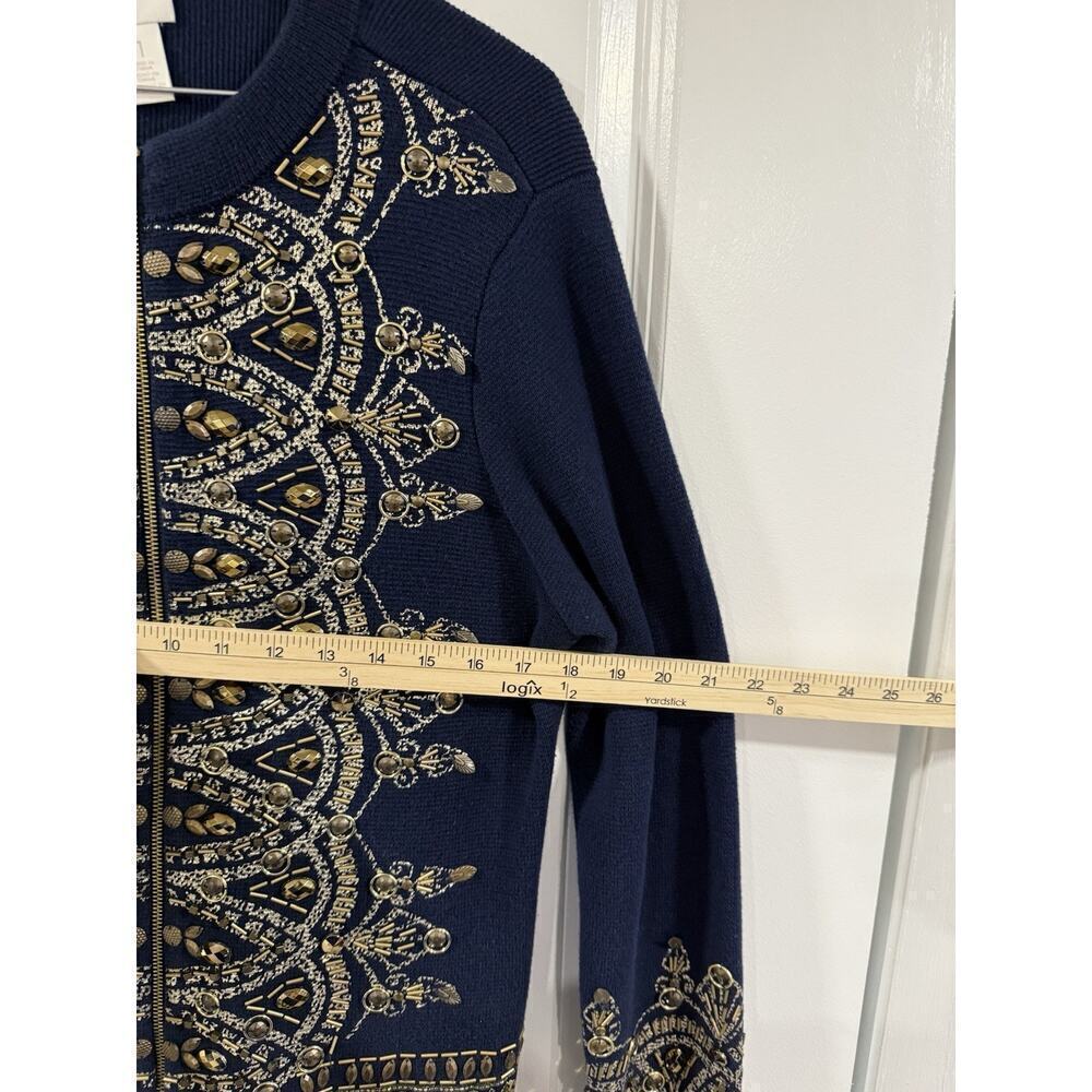 Chico’s Demitria Cardigan Navy Gold Beaded Embroidered Zip Jacket Sz 1 - Picture 12 of 14